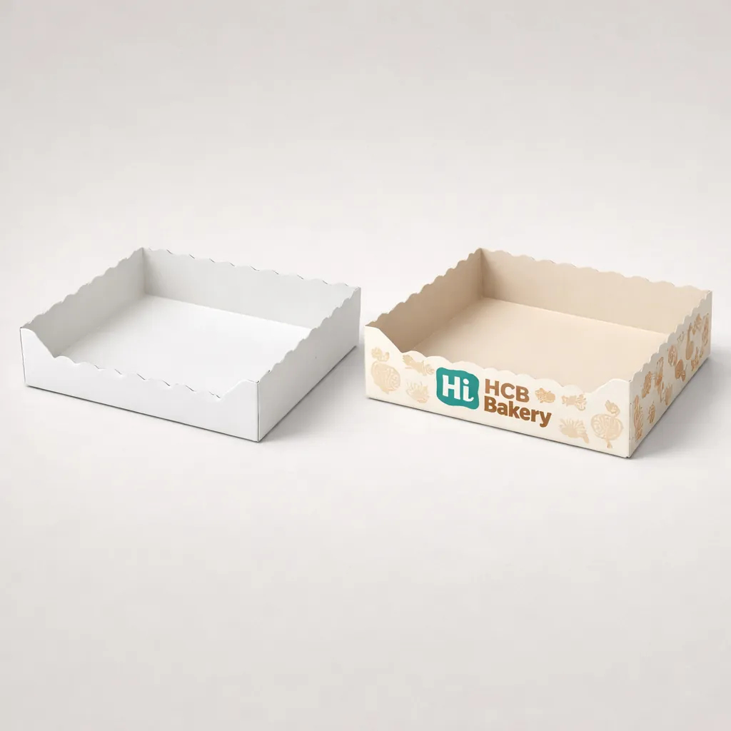 Two open flat-style cardboard boxes, one blank white and one with a colourful sitting dog illustration. class=